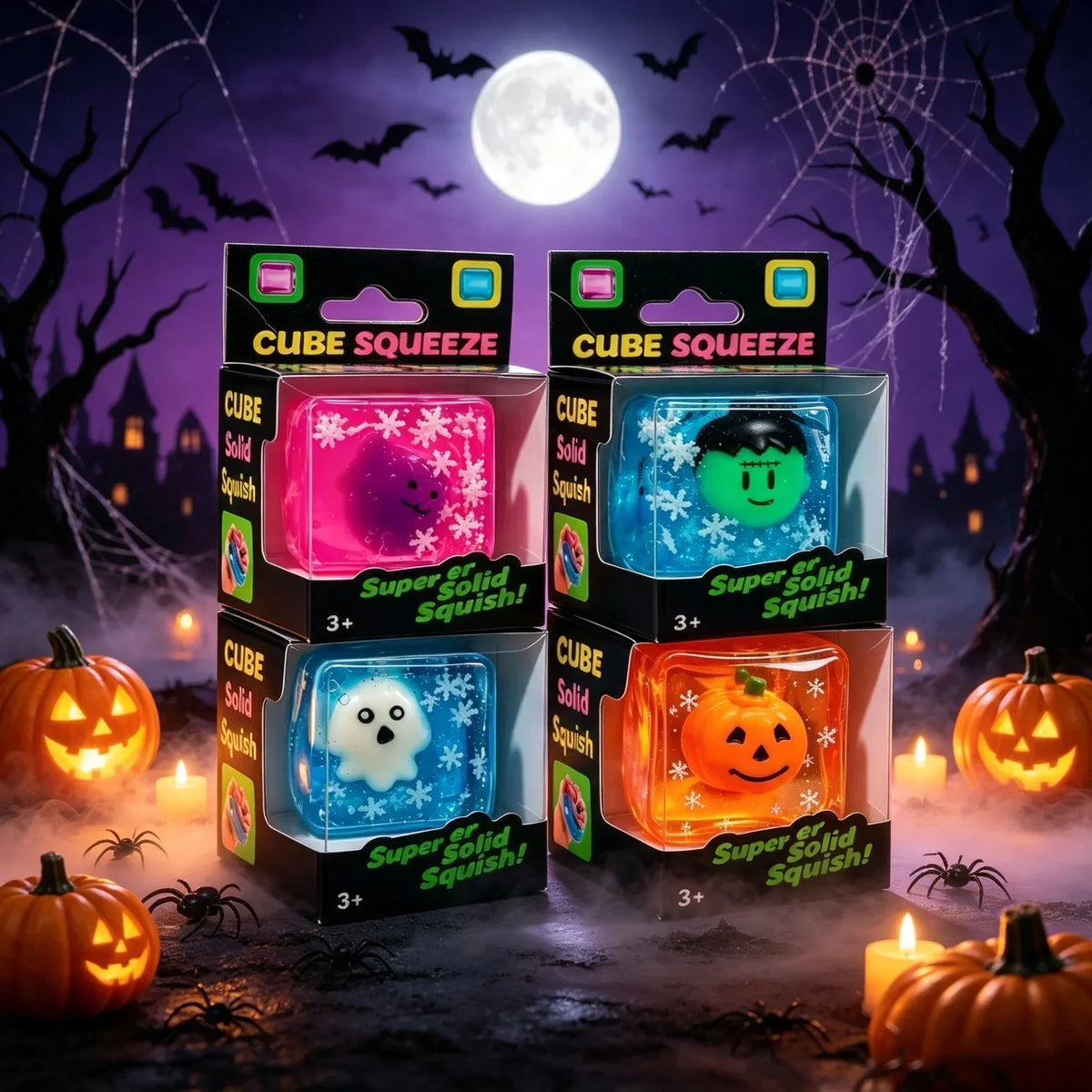 2026 New Luminous Halloween Spooky Squishy Cubes, Cartoon Characters Soft Squeeze ASMR Decompression Party Favor Gifts