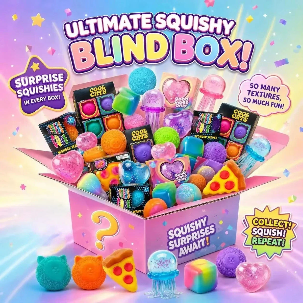 New 100+Pcs Surprise Box Toys Novelty Stress Relief Assorted Squishy Figures Blind Box Fun Mystery Fidget Stress Relief Surprise