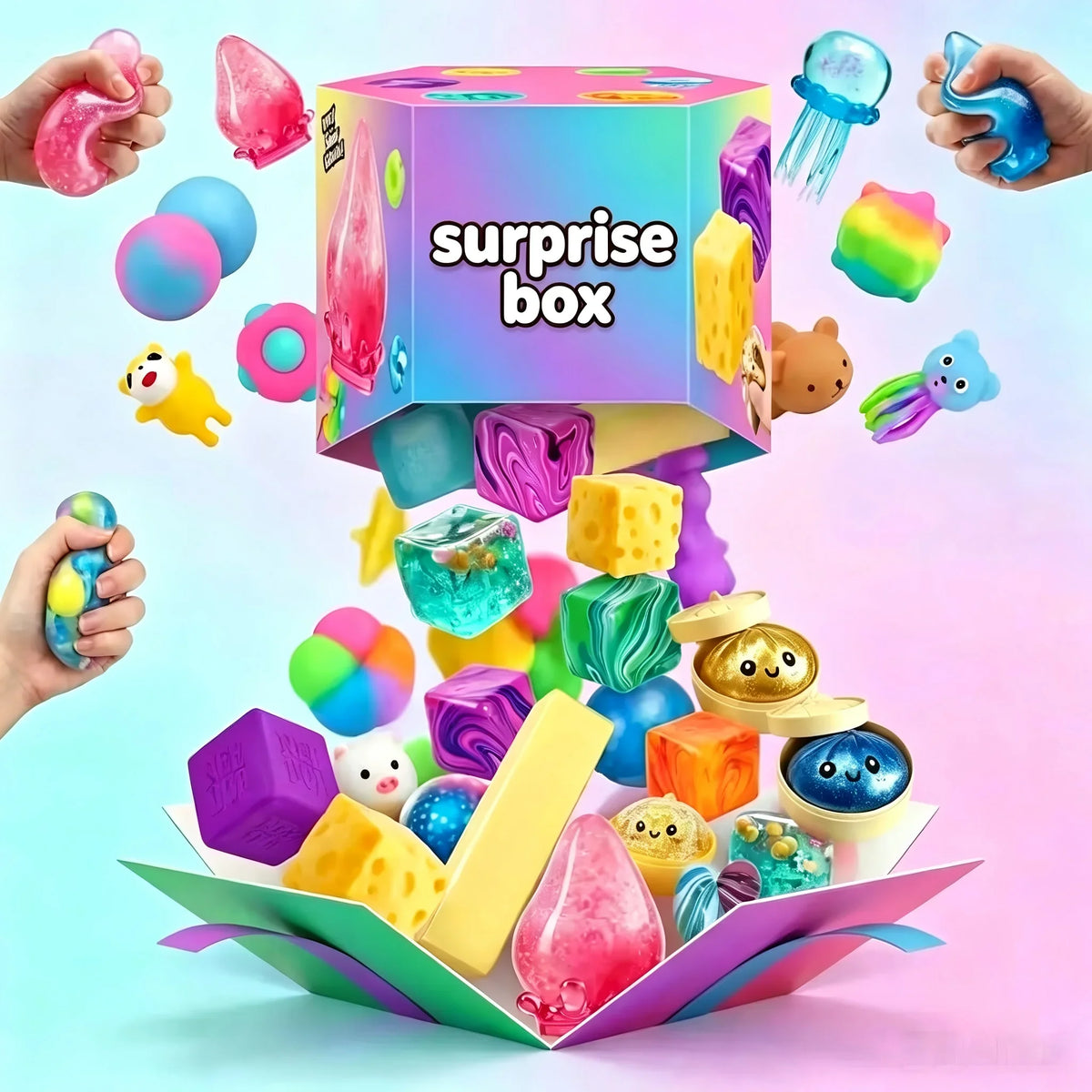 New 100+Pcs Surprise Box Toys Novelty Stress Relief Assorted Squishy Figures Blind Box Fun Mystery Fidget Stress Relief Surprise